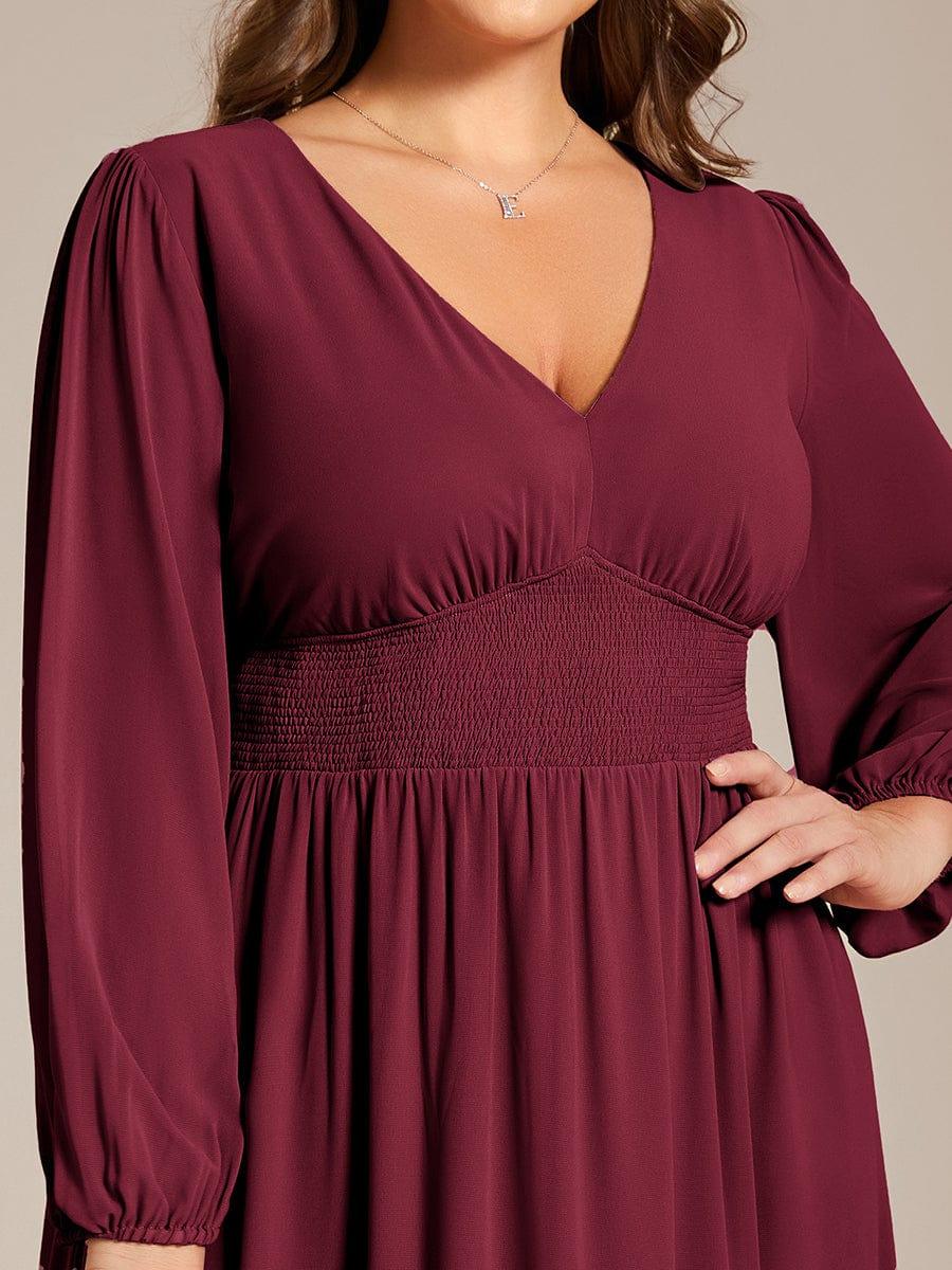 Chiffon V-Neck Long Sleeves Elastic Band Midi Wedding Guest Dress #color_Burgundy