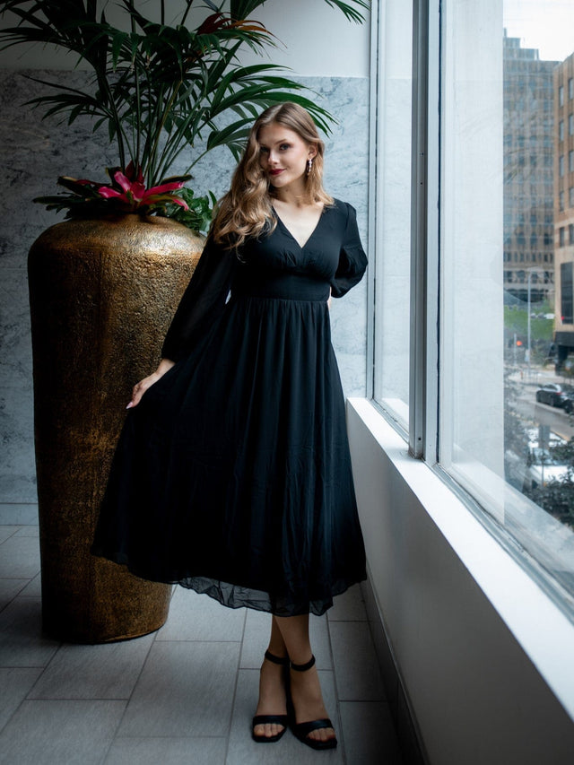 ever AMARA|Chiffon V-Neck Long Sleeves Elastic Band Midi Wedding Guest Dress Fan Photos 2
