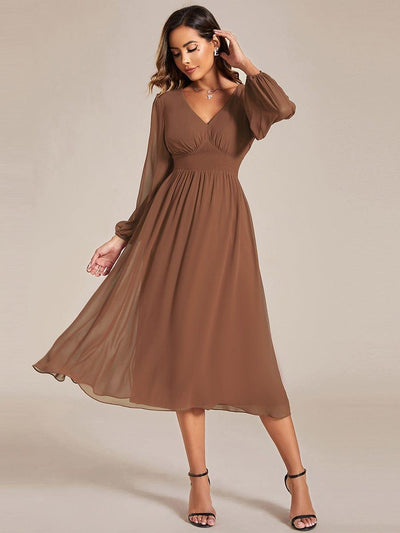 ever AMARA|Custom Size Chiffon V-Neck Long Sleeves Elastic Band Midi Wedding Guest Dress