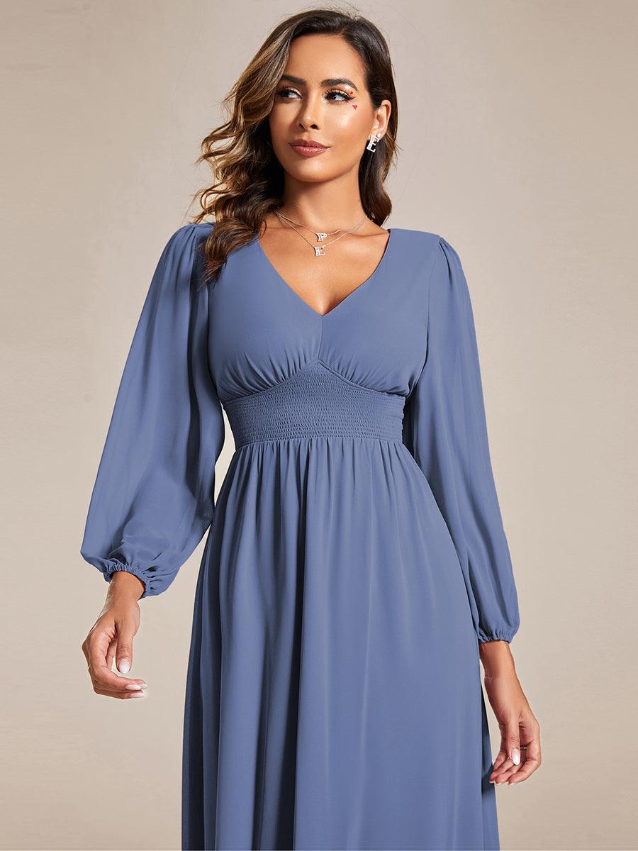 Chiffon V-Neck Long Sleeves Elastic Band Midi Wedding Guest Dress #color_Dusty Blue