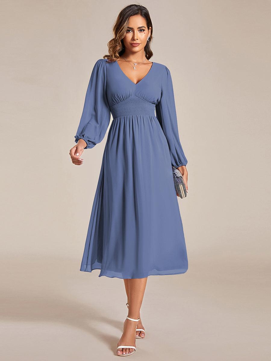 Chiffon V-Neck Long Sleeves Elastic Band Midi Wedding Guest Dress #color_Dusty Blue
