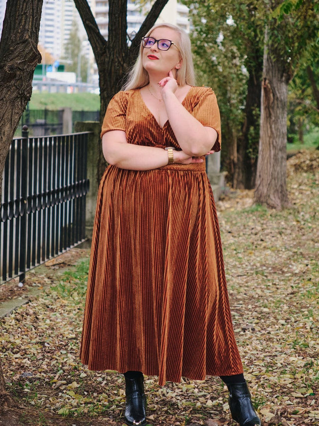 pretty AZALEA|Plus Size A-line V-Neck Short Sleeve Pleated Velvet Fall Wedding Guest Dress Fan Photos 1
