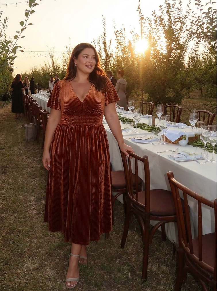 Ever-Pretty Graceful V-Neck Waist Design Velvet Midi Fall Formal Wedding Guest Dress