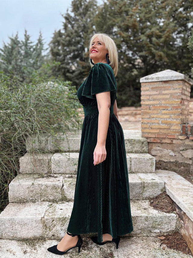 ever AZALEA|Graceful V-Neck Waist Design Short Sleeves Fall Velvet Midi Wedding Guest Dress Fan Photos 6

