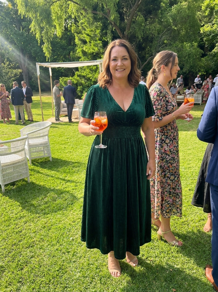 Plus Size A-line V-Neck Short Sleeve Pleated Velvet Fall Wedding Guest Dress #color_Dark Green