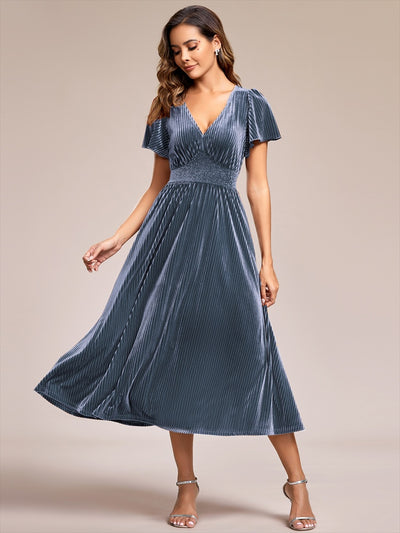 ever AZALEA|Graceful V-Neck Waist Design Short Sleeves Fall Velvet Midi Wedding Guest Dress