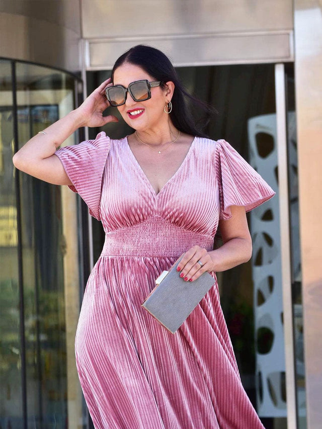 ever AZALEA|Graceful V-Neck Waist Design Short Sleeves Fall Velvet Midi Wedding Guest Dress Fan Photos 12

