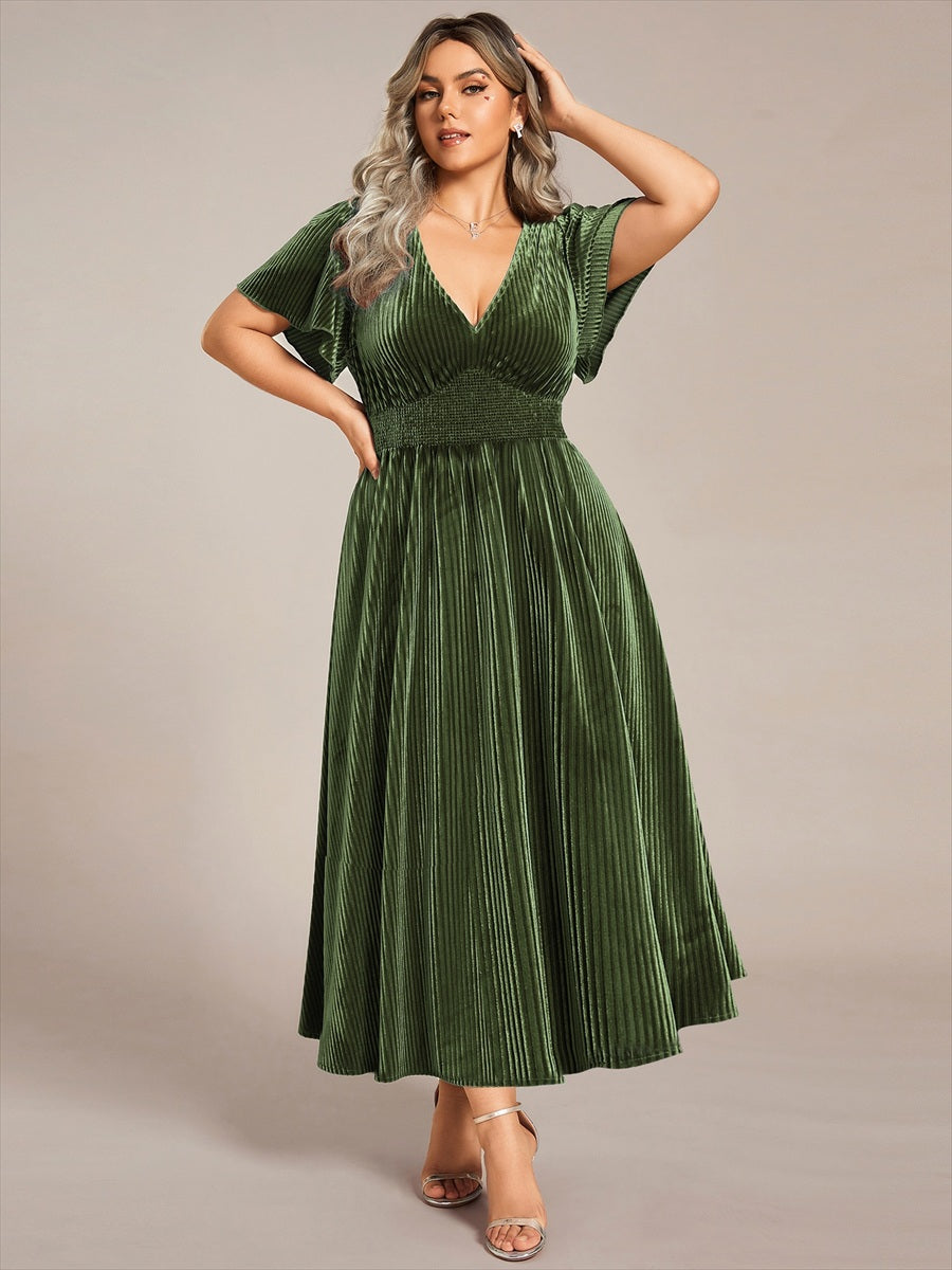 V-Neck Waist Pleated Design Short Sleeves Fall Velvet Midi Evening Dress #color_Olive Green