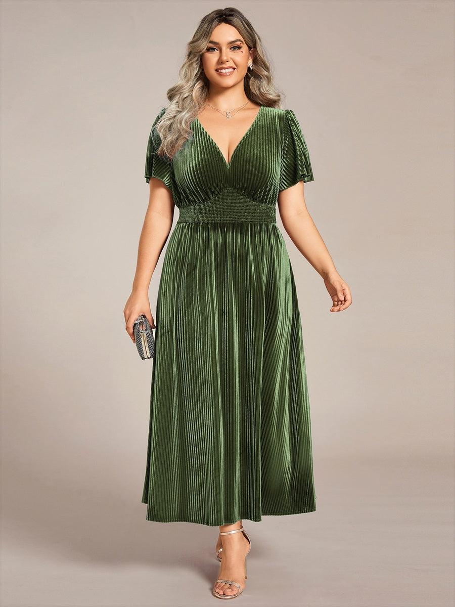 Graceful V-Neck Waist Design Short Sleeves Fall Velvet Midi Wedding Guest Dress #color_Olive Green