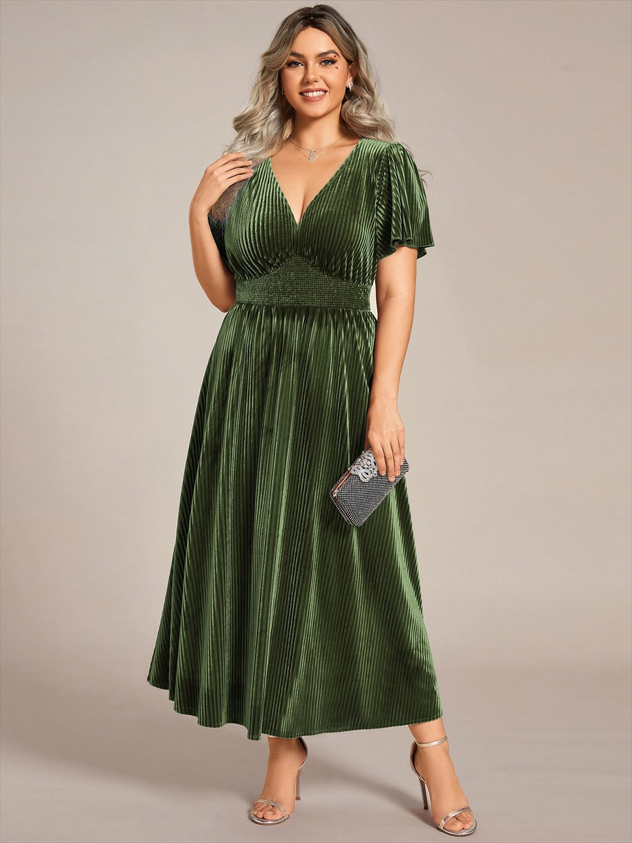 V-Neck Waist Pleated Design Short Sleeves Fall Velvet Midi Evening Dress #color_Olive Green