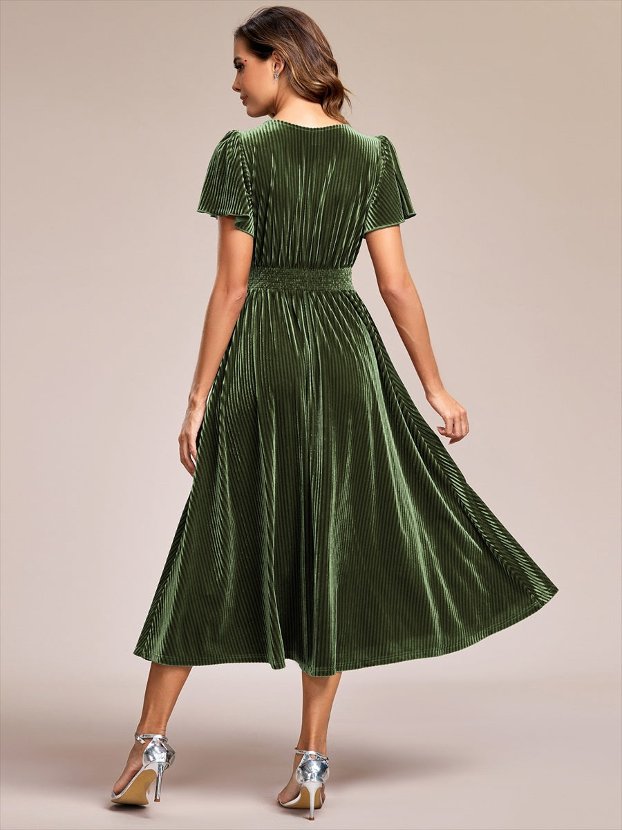 Graceful V-Neck Waist Design Short Sleeves Fall Velvet Midi Wedding Guest Dress #color_Olive Green