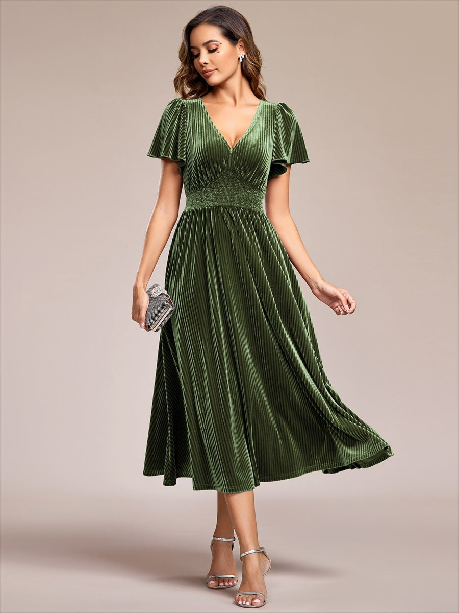 Graceful V-Neck Waist Design Short Sleeves Fall Velvet Midi Wedding Guest Dress #color_Olive Green