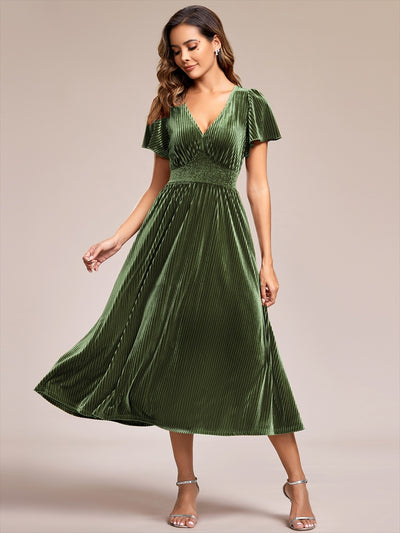 ever AZALEA|Graceful V-Neck Waist Design Short Sleeves Fall Velvet Midi Bridesmaid Dress