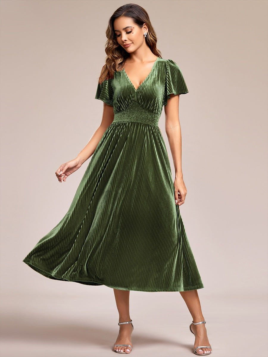 V-Neck Waist Pleated Design Short Sleeves Fall Velvet Midi Evening Dress #color_Olive Green
