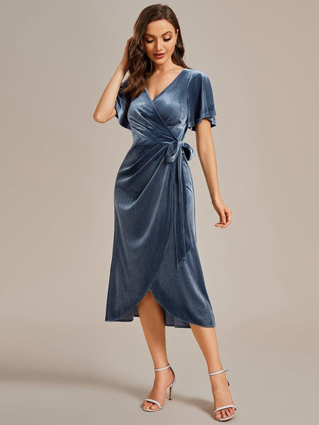 Ever-Pretty One Piece Short Sleeves V Neck Velvet Midi Mother of the Bride Dress
