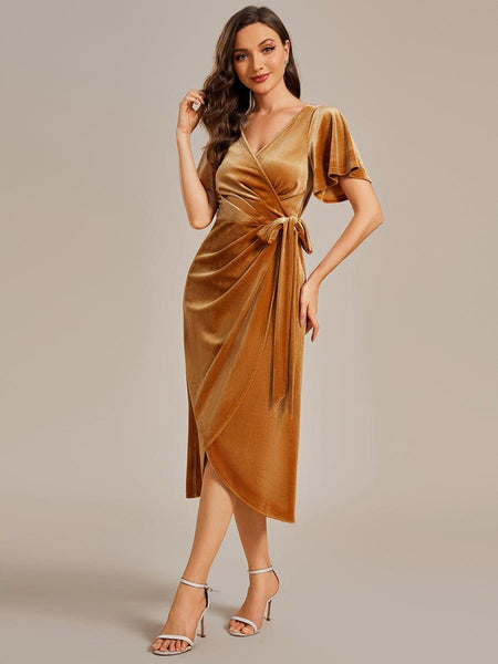 One Piece Short Sleeves V Neck Velvet Midi Mother of the Bride