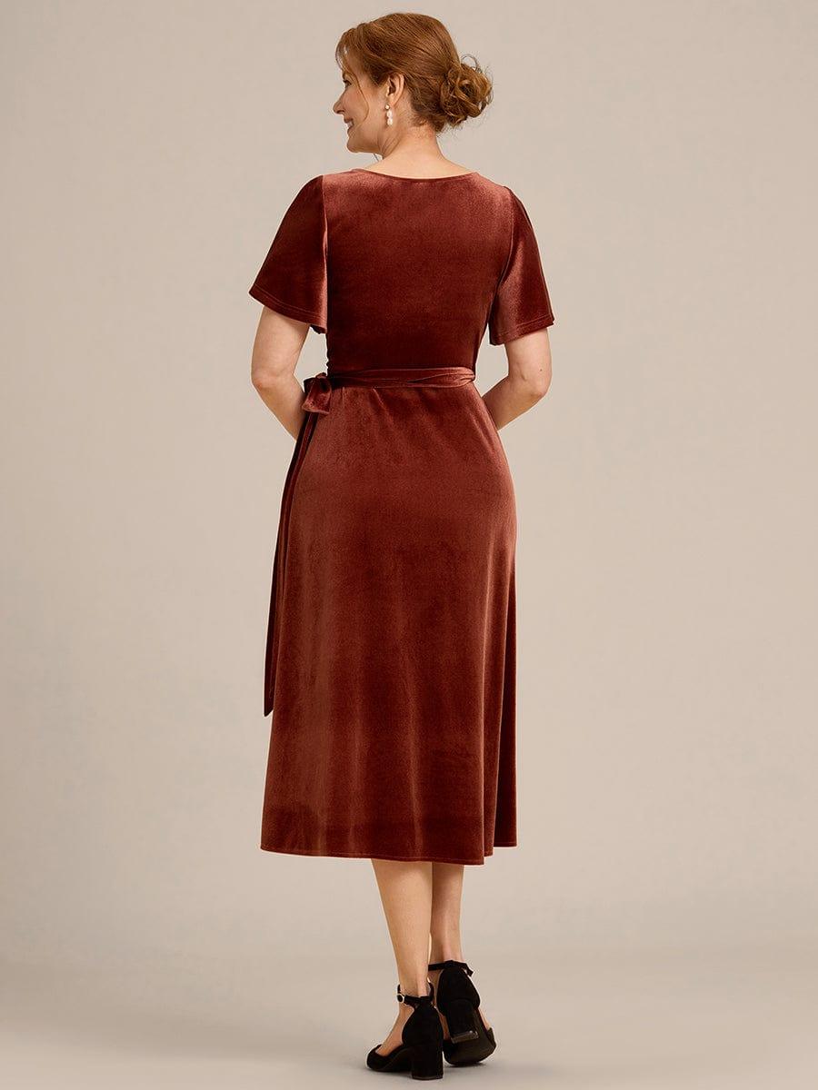 One Piece Short Sleeves V Neck Velvet Midi Mother of the Bride