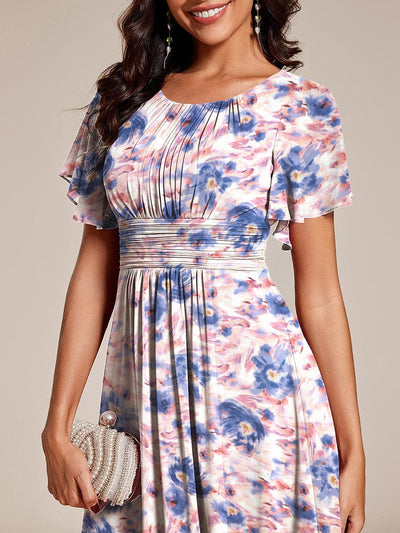 Chic A-Line Pleated Knee-Length Flowy Chiffon Wedding Guest Dress #color_Azure Bream