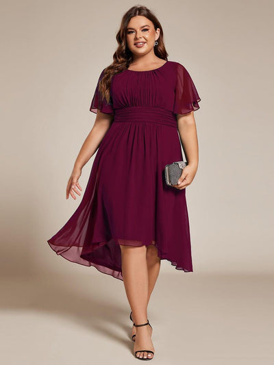 Plus Size Pleated Round Neckline A-Line Midi Chiffon Wedding Guest Dress #color_Burgundy