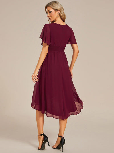 Flowy Chiffon Round Neckline A-Line Knee Length Wedding Guest Dress #color_Burgundy