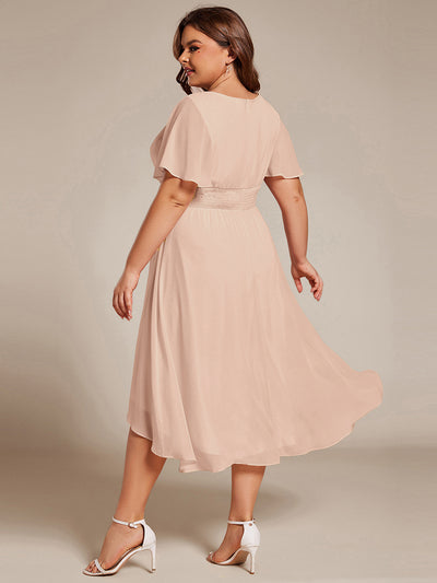 Plus Size Pleated Round Neckline A-Line Midi Chiffon Wedding Guest Dress #color_Blush