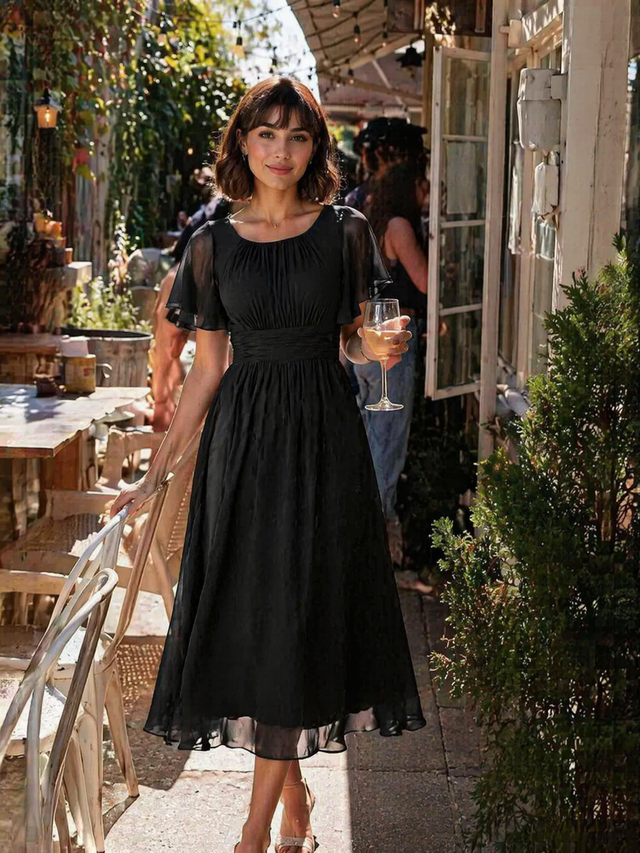 pretty EDEN|Plus Size Pleated Round Neckline A-Line Midi Chiffon Wedding Guest Dress Fan Photos 6
