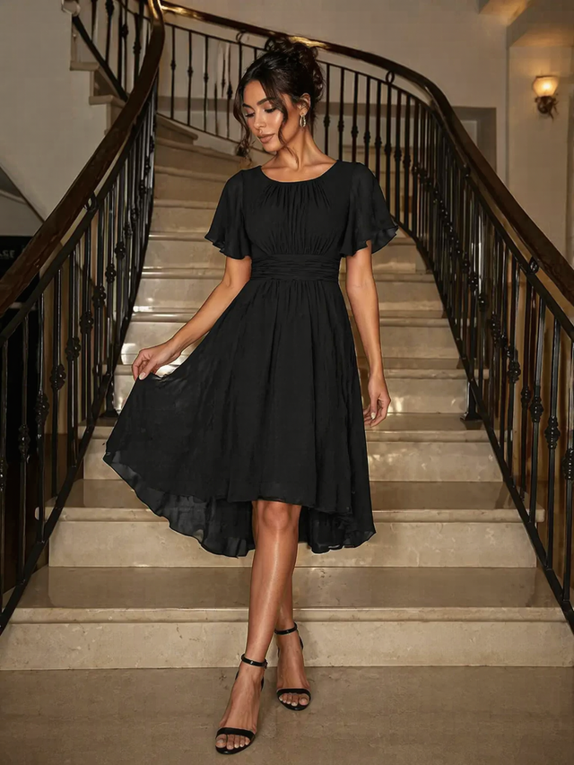 pretty EDEN|Plus Size Pleated Round Neckline A-Line Midi Chiffon Wedding Guest Dress Fan Photos 2
