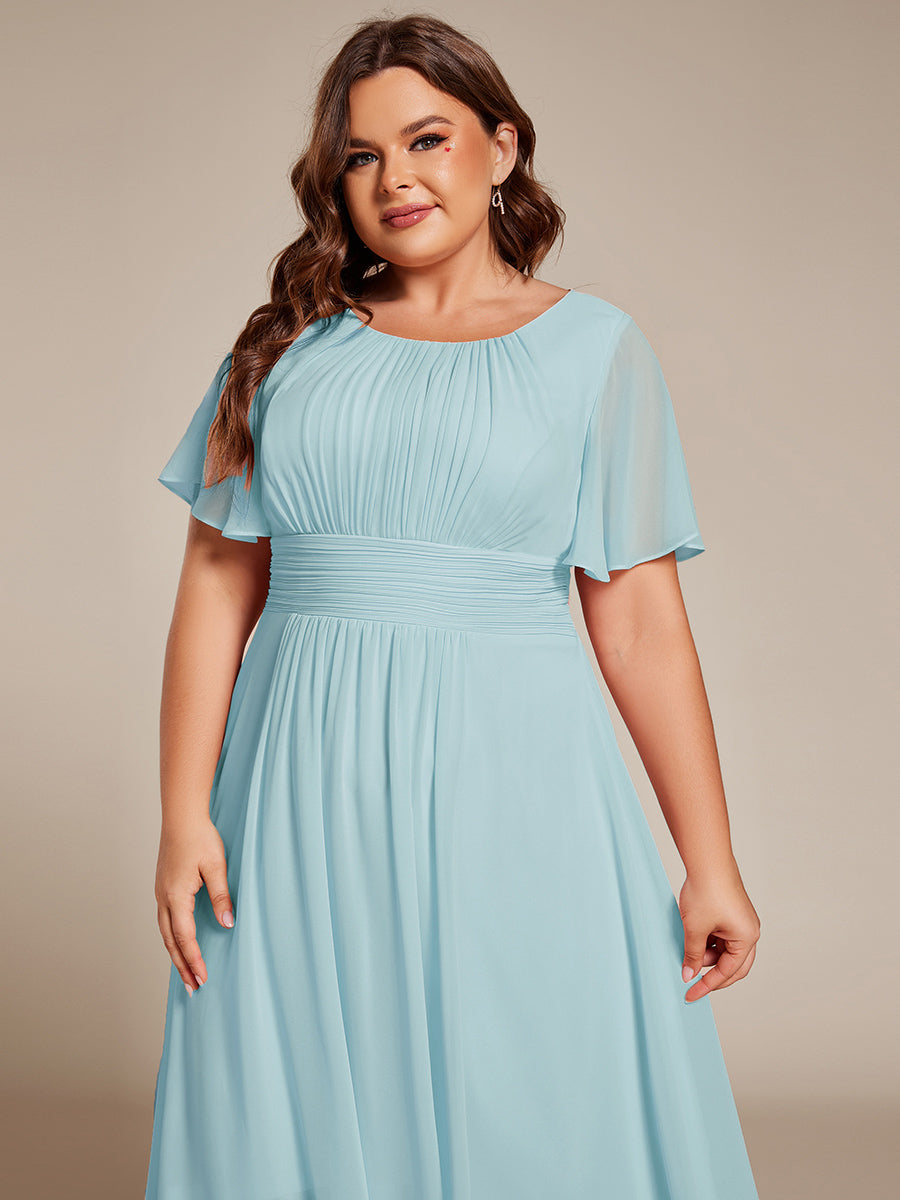 Plus Size Pleated Round Neckline A-Line Midi Chiffon Wedding Guest Dress #color_Sky Blue