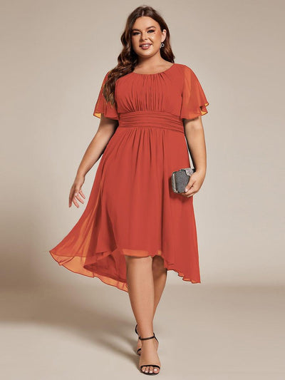 Plus Size Pleated Round Neckline A-Line Midi Chiffon Wedding Guest Dress #color_Burnt Orange