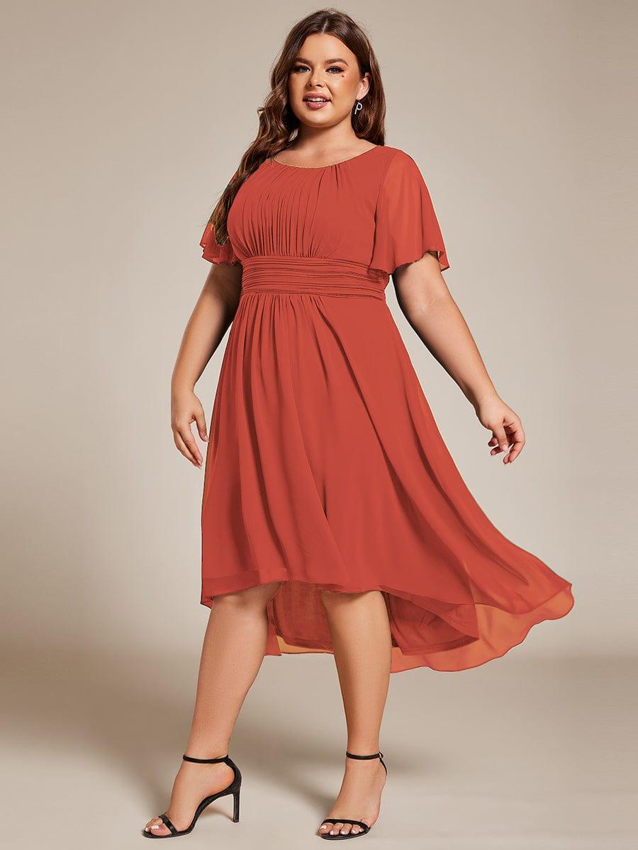 Plus Size Pleated Round Neckline A-Line Midi Chiffon Wedding Guest Dress #color_Burnt Orange