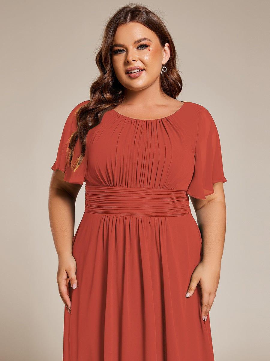 Plus Size Pleated Round Neckline A-Line Midi Chiffon Wedding Guest Dress #color_Burnt Orange
