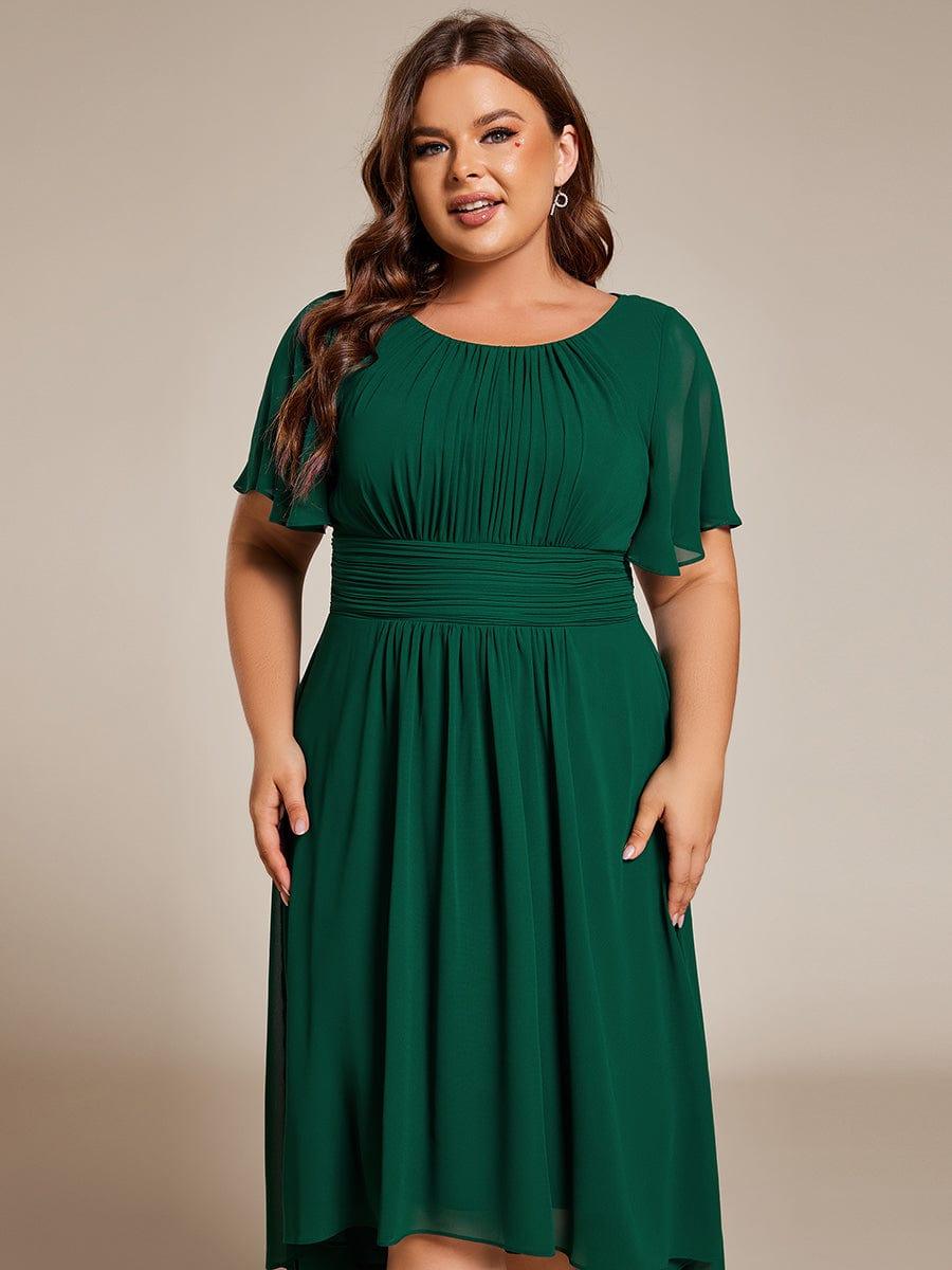 Flowy Chiffon Round Neckline A-Line Knee Length Wedding Guest Dress #color_Dark Green