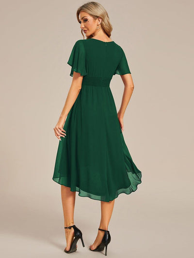 Flowy Chiffon Round Neckline A-Line Knee Length Wedding Guest Dress #color_Dark Green