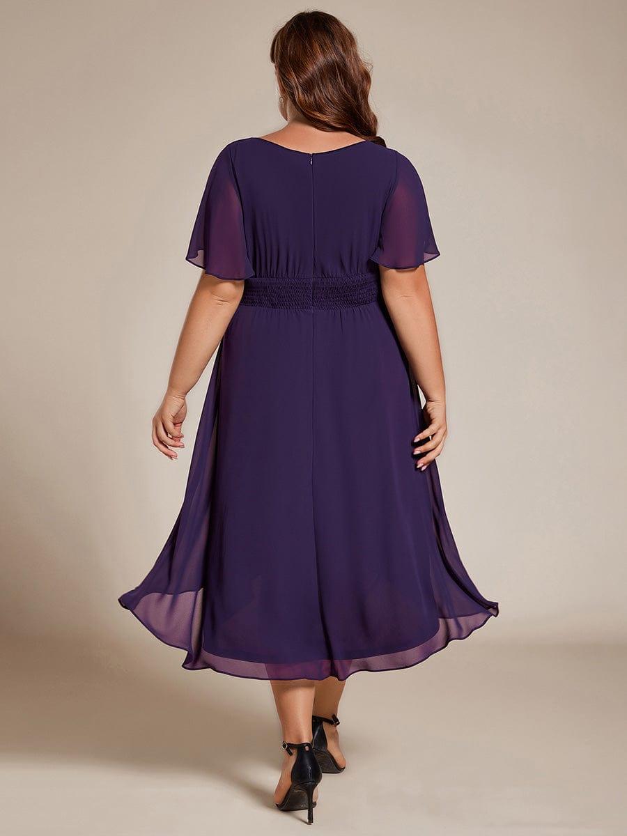 Plus Size Pleated Round Neckline A-Line Midi Chiffon Wedding Guest Dress #color_Dark Purple