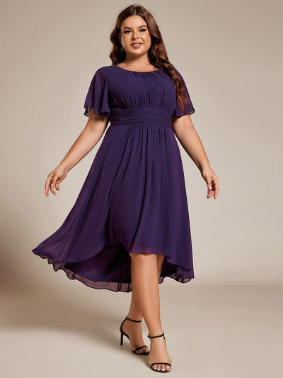 Plus Size Pleated Round Neckline A-Line Midi Chiffon Wedding Guest Dress #color_Dark Purple