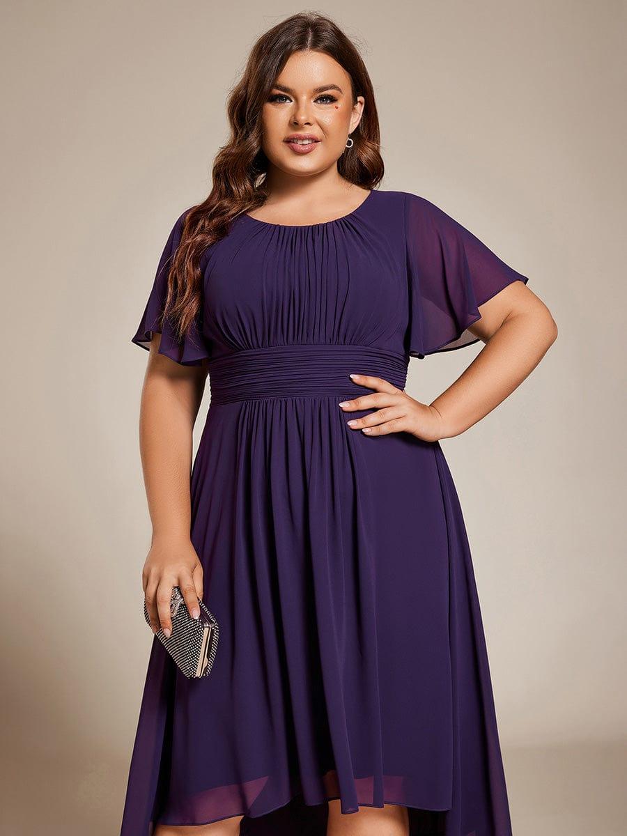 Plus Size Pleated Round Neckline A-Line Midi Chiffon Wedding Guest Dress #color_Dark Purple