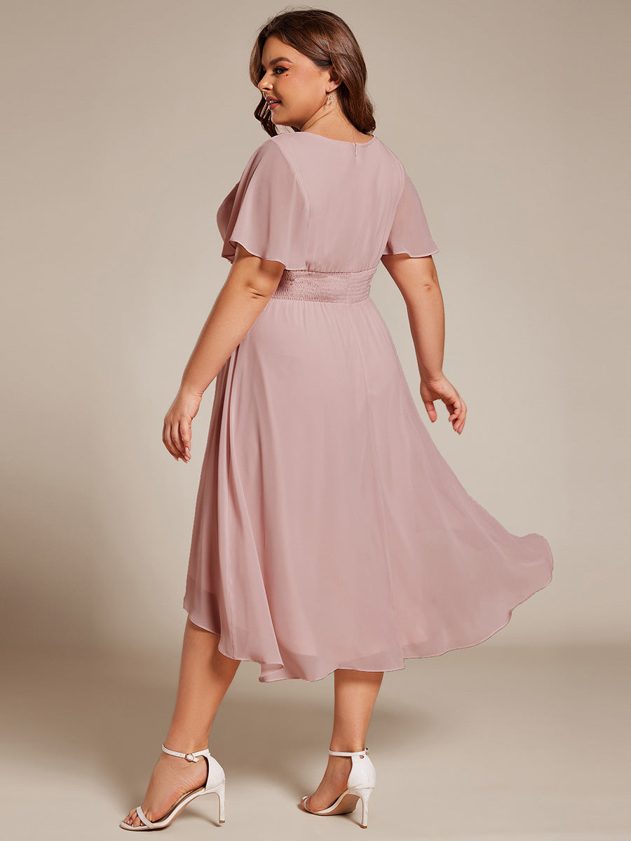 Plus Size Pleated Round Neckline A-Line Midi Chiffon Wedding Guest Dress #color_Dusty Rose