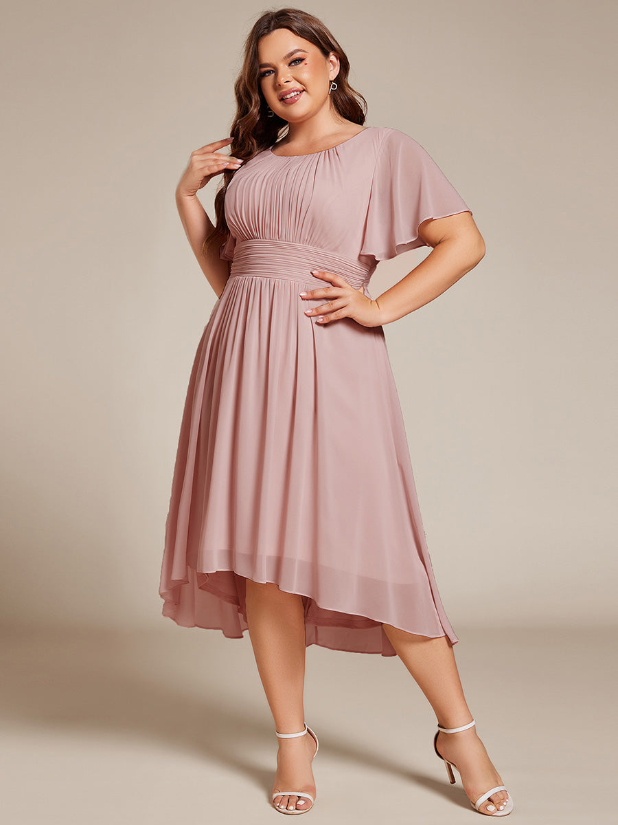 Plus Size Pleated Round Neckline A-Line Midi Chiffon Wedding Guest Dress #color_Dusty Rose