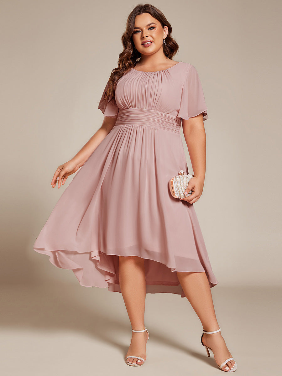 Plus Size Pleated Round Neckline A-Line Midi Chiffon Wedding Guest Dress #color_Dusty Rose