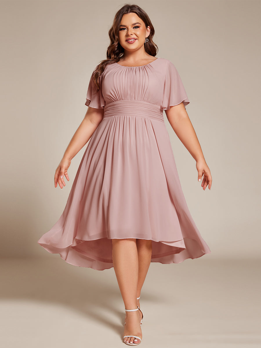 Plus Size Pleated Round Neckline A-Line Midi Chiffon Wedding Guest Dress #color_Dusty Rose