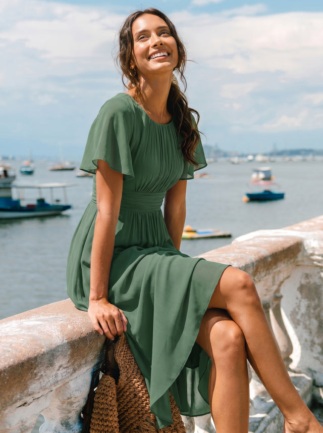 pretty EDEN|Plus Size Pleated Round Neckline A-Line Midi Chiffon Wedding Guest Dress Fan Photos 9
