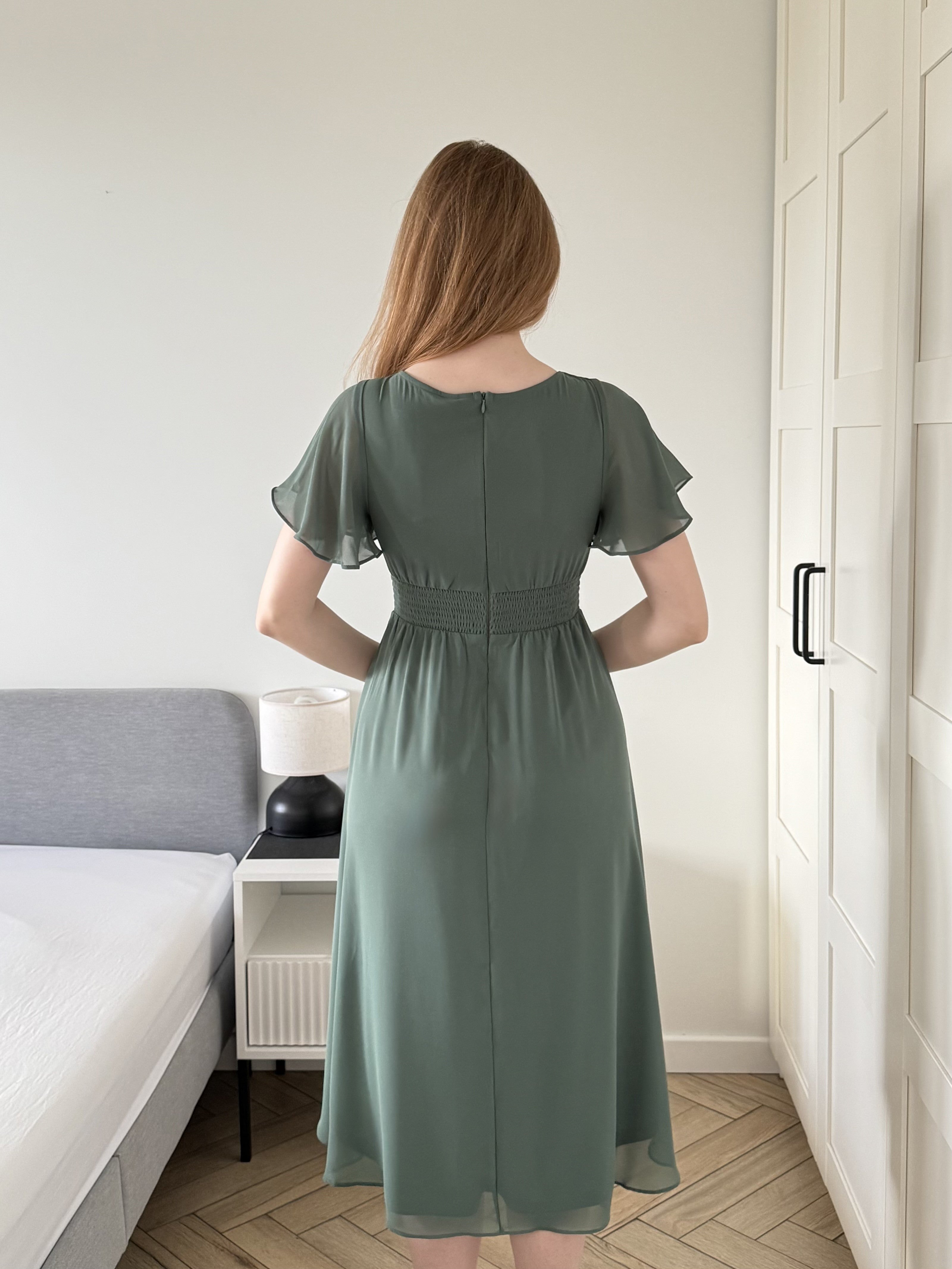 Flowy Chiffon Round Neckline A-Line Knee Length Bridesmaid Dress #color_Eucalyptus