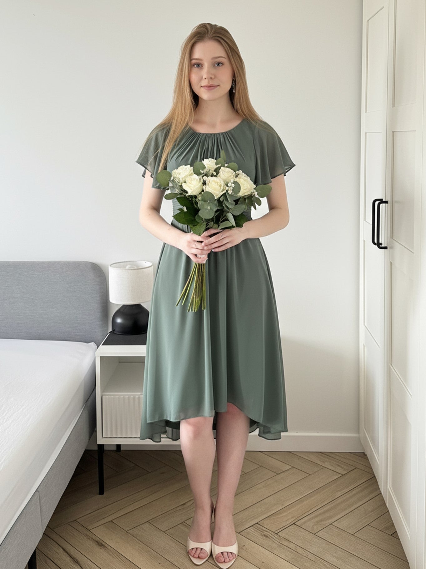 Flowy Chiffon Round Neckline A-Line Knee Length Bridesmaid Dress #color_Eucalyptus