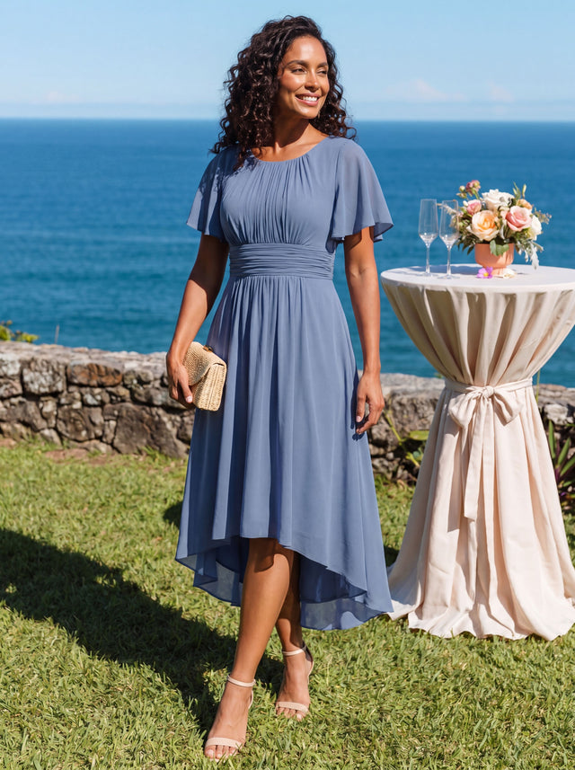 pretty EDEN|Plus Size Pleated Round Neckline A-Line Midi Chiffon Wedding Guest Dress Fan Photos 3
