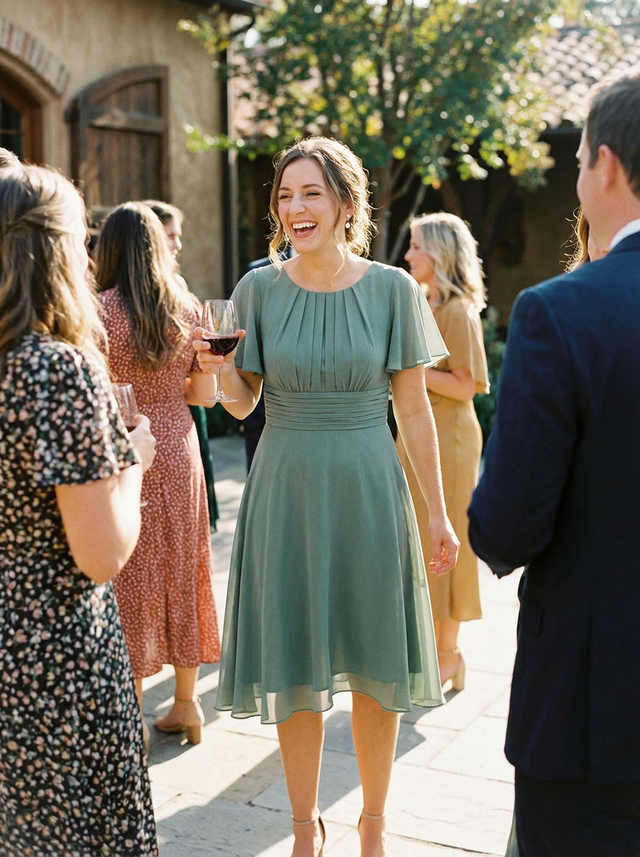 pretty EDEN|Plus Size Pleated Round Neckline A-Line Midi Chiffon Wedding Guest Dress Fan Photos 7
