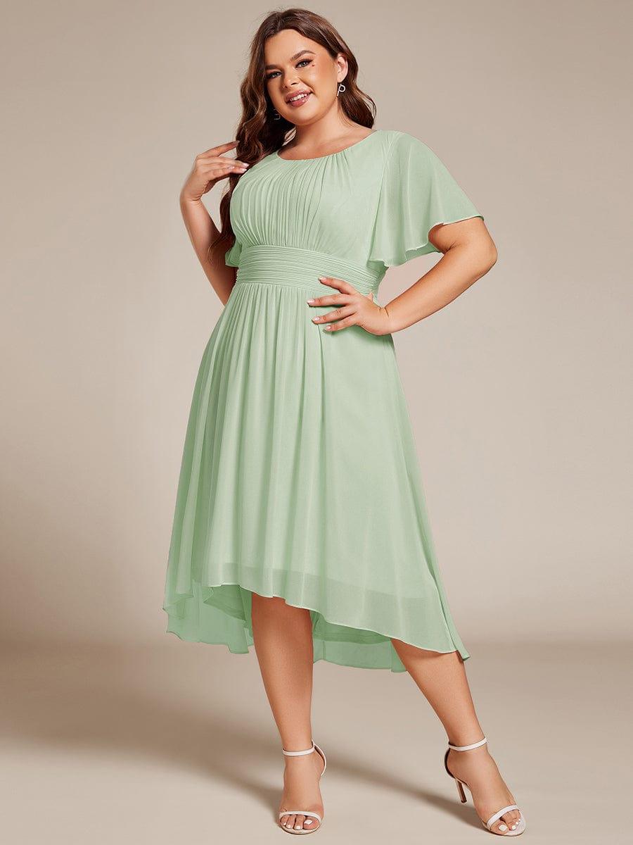 Plus Size Pleated Round Neckline A-Line Midi Chiffon Wedding Guest Dress #color_Mint Green