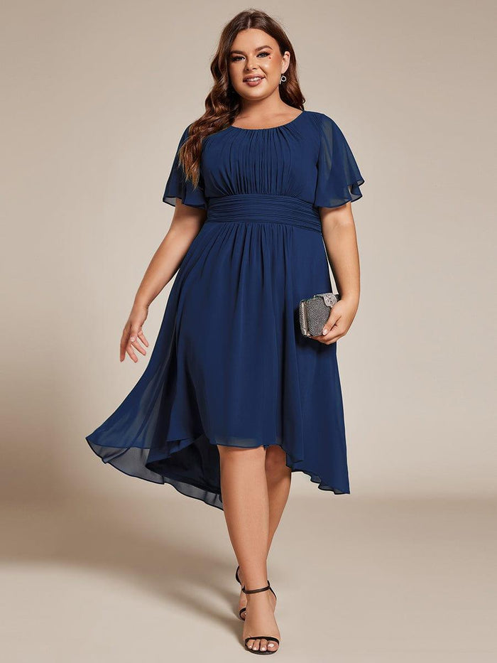 Elegant Plus Size Pleated Short Sleeves Chiffon Wedding Guest Dress
