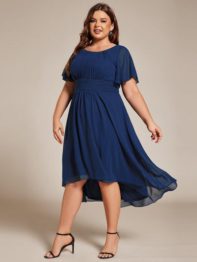 Plus Size Pleated Round Neckline A-Line Midi Chiffon Wedding Guest Dress #color_Navy Blue