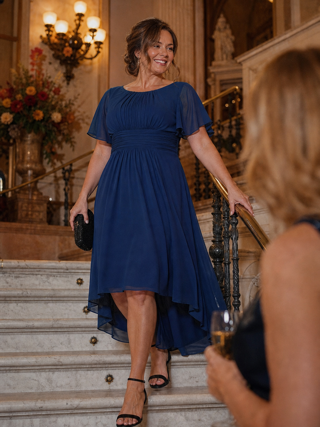 pretty EDEN|Plus Size Pleated Round Neckline A-Line Midi Chiffon Wedding Guest Dress Fan Photos 8
