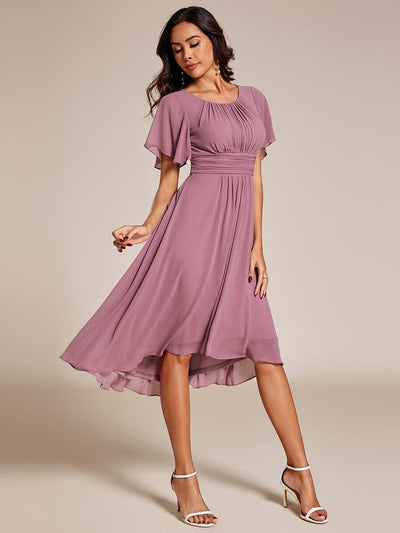 Flowy Chiffon Round Neckline A-Line Knee Length Wedding Guest Dress #color_Purple Orchid